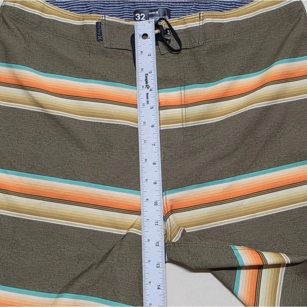 Hurley Mens Board Shorts Size 32 Olive Green Striped Surf Swim Trunks Drawstring